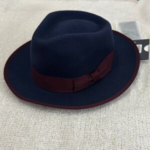 TWO ROADS Elegant Navy Fedora with Burgundy Band